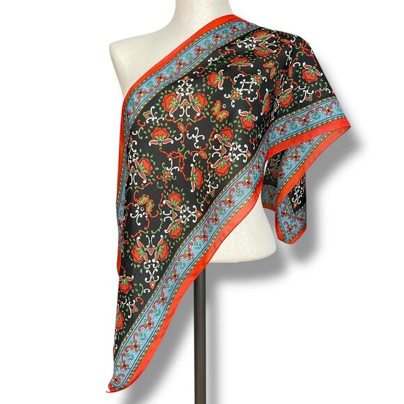 Vintage Scarf Floral Long Retro Eclectic Artsy Colorful Black Orange Blue Green - Picture 2 of 13